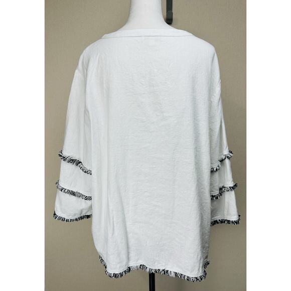 Cynthia Rowley Top Women's 2X Linen Cotton White Black Boho Fringe - Picture 6 of 12